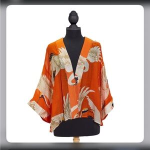 Elegant Orange Crane Print Kimono Blouse